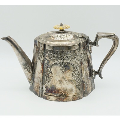Victorian Ivory Topped Silver Plate Teapot, Joseph Gilbert and Sons, Birmingham Circa 1894 