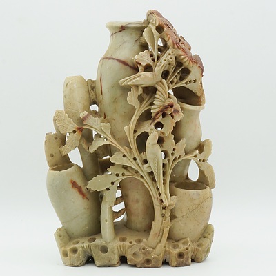Tall Chinese Soapstone Vase with Engraved Bird and Foliage