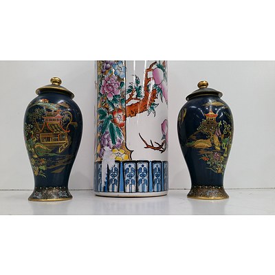 Pair of Carlton Ware Mikado Urns and a Modern Chinese Polychromed Porcelain Hat Stand With Peach and Peony