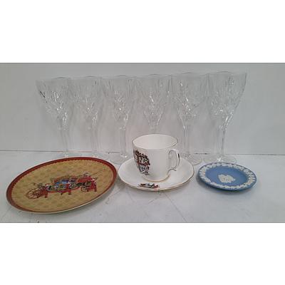 Six Cut Crystal Wine Glasses, Royal Albert Tea Pair, Wedgwood Jasperware and More