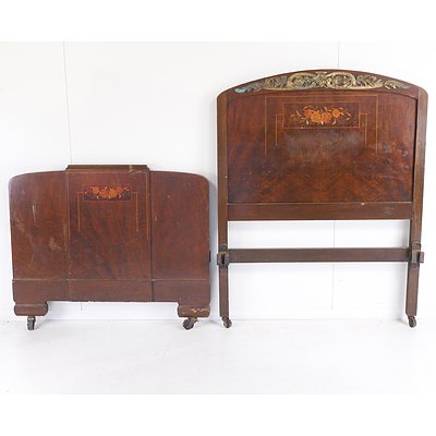 Pair of Continental Art Nouveau Marquetry Inlaid and Mental mounted Walnut Single Bedsteads