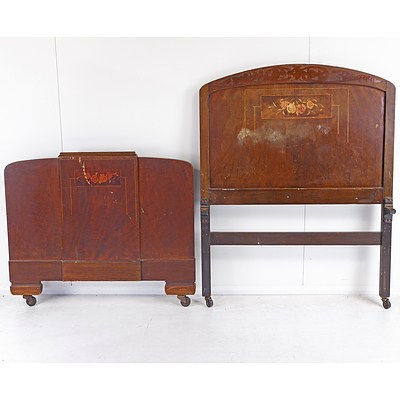 Pair of Continental Art Nouveau Marquetry Inlaid and Mental mounted Walnut Single Bedsteads