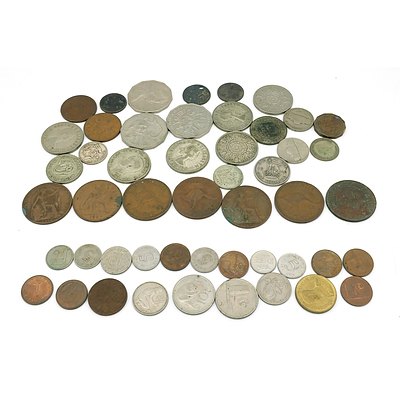 Collection of Australian and International Coins, Including Florins, Pennies, Shillings, Half Pennies, and More