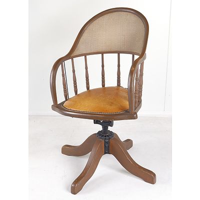 Vintage Painted Oak and Rattan Back Captain's Chair