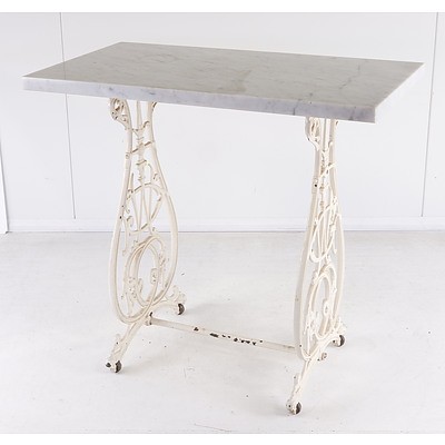 Antique Painted and Cast Metal Sewing Table with Later Marble Top