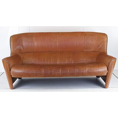 Exotic Palmwood and Tan Leather Lounge Suite