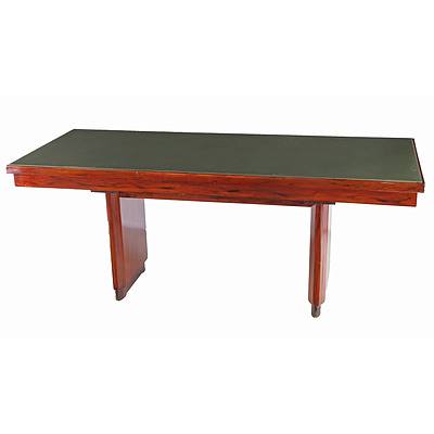 Vintage Library Table with Green Faux Leather Top