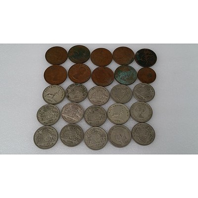 Selection of Australian Pennies, Half Pennies and Shillings