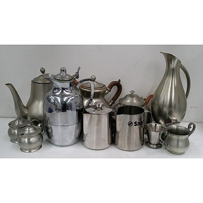 Selection of Pewter and Stainless Steel Tea/Coffee Pots, Jugs, Bowls and Strainers