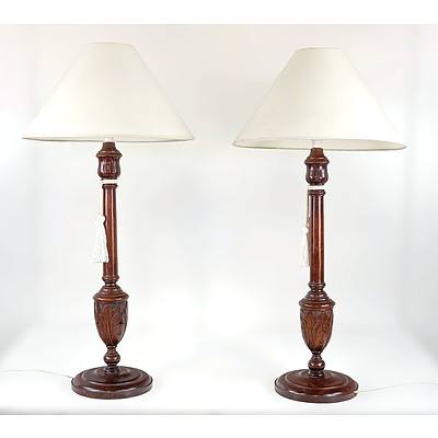 Nice Pair of Vintage Turned and Carved Walnut Table Lamps of Large Proportions