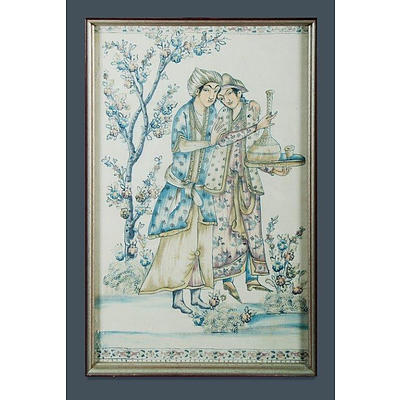 Indo-Persian School , Lovers in a Garden , W/Clr on Silk or Cotton