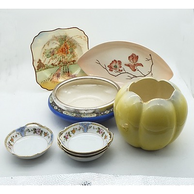 Large Group of Antique and Vintage Ceramics Including, Royal Doulton Autumn Glory Cake Plate, Pates Potteries Vase, Carlton Ware, Crown Devon, and More