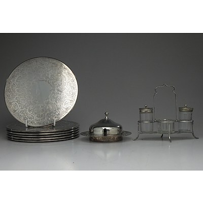 Six Strachan Coasters, Perfection Plate Butter Dish and Silver Plate Cruet Set