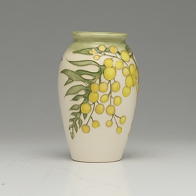 Moorcroft Golden Wattle Patterned Vase and Dish, Designed by Sally Tuffin, Circa 1990