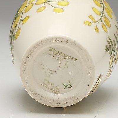 Moorcroft Golden Wattle Patterned Vase and Dish, Designed by Sally Tuffin, Circa 1990