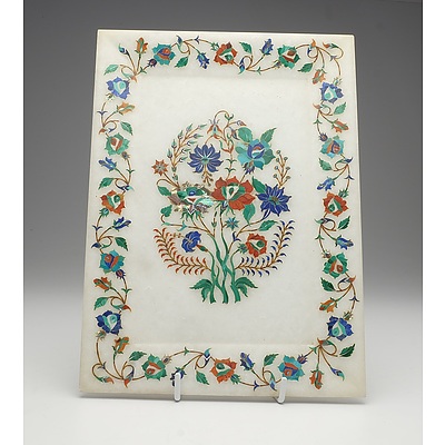Indian Agra Region Marble Plaque Finely Inlaid with Semi Precious Stones and Shell, Late 20th Century