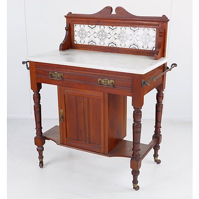Edwardian Walnut Wash Stand with Carrara Marble Top and Tile Back