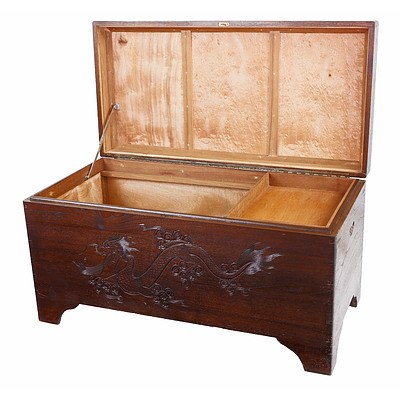 Asian Camphorwood Chest Carved with a Dragon and Character Roundels