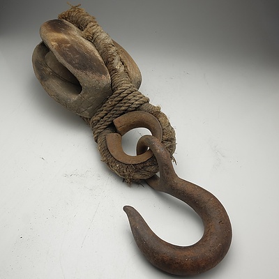 Large Antique Nautical Pulley With Cast Iron Hook