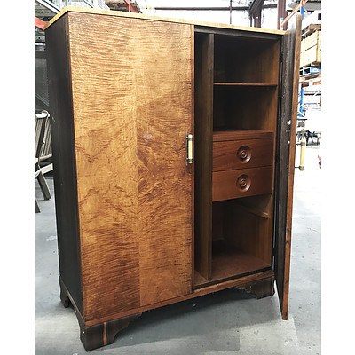 Vintage Queensland Black Walnut & Fiddle Back Maple Veneer Lowboy