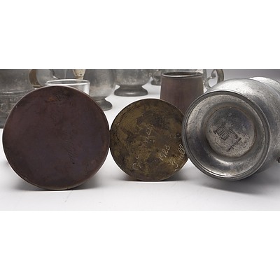 Group of Antique Vintage Pewter and Brass Tankards and Measures, Including a Brass Measure Goulburn 1923, Tudric Pewter Ware and Les Etains Du Manoir
