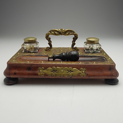 Antique Brass Bound Oak Desk Set with Two Cut Crystal Inkwells and a Seal Stamp