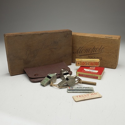 Two Vintage Cigar Boxes, Cigarette Pouch, Capstan Pencil, Vintage Dice, Whistles and More