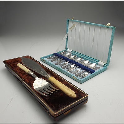 Victorian Ivory And Silver Plate Fish Servers and Grosvenor Plate Boxed Flatware Set