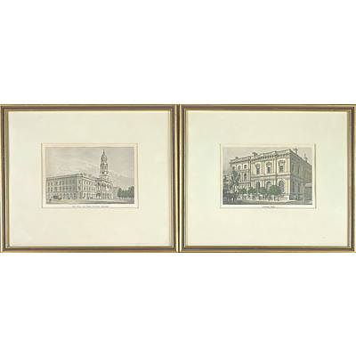 Two 19th Century Australian Hand Coloured Engravings, National Bank and Town Hall and Eagle Chambers Adelaide