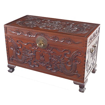 Good Chinese Dragon Carved Camphorwood Chest Early 20th Century