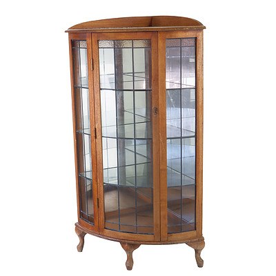 Tasmanian Oak Corner Curved Leadlight China Cabinet Circa 1920's