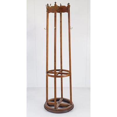 Arts and Crafts Style Oak Revolving Coat Umbrella Stand with Drip Trays