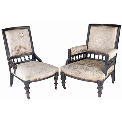 Pair Late Victorian Ebonised Salon Chairs, Aesthetic Movement
