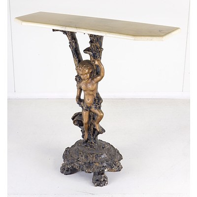 Small Cast Resin and Faux Marble Cupid Pedestal Console Table