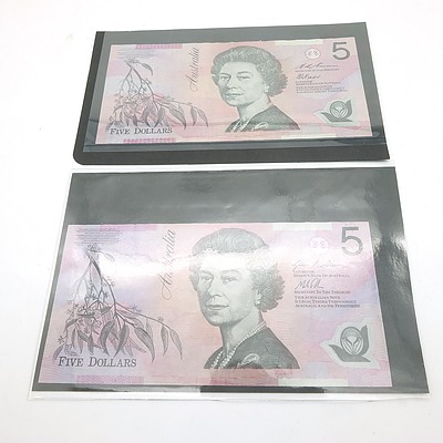 Two Australian Five Dollar Banknotes