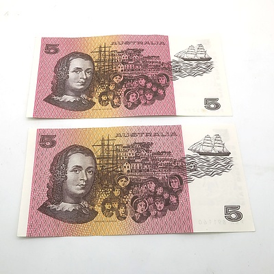 Two 1985 Australian Five Dollar Banknotes