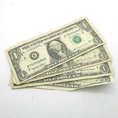 Three 1995 and One 1999 US One Dollar Banknotes