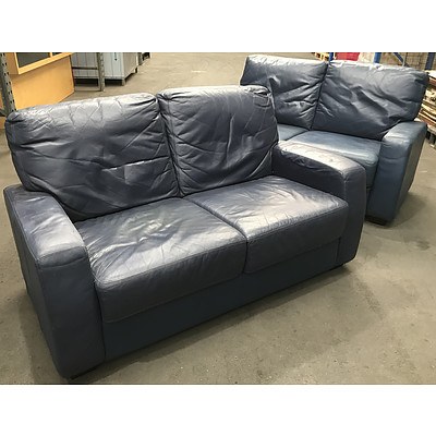 Two Blue Plush PU Leather 2 Seater Lounges