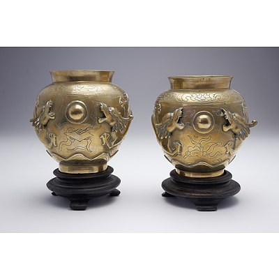 Pair of Chinese Cast and Engraved Brass Dragon Vases, Late 19th Century
