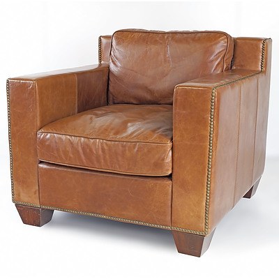 Armchair in Nut Leather and Red Jacquard