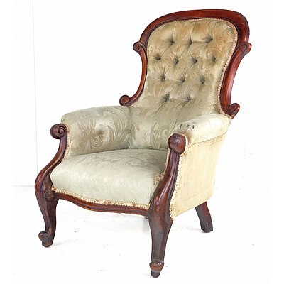 Late 19th Century Australian Cedar Salon Chair with Silk Brocade Upholstery
