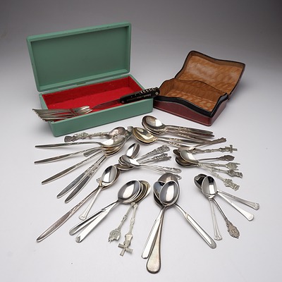 Compilation of European Flatware and a Gilt Tooled Leather Box