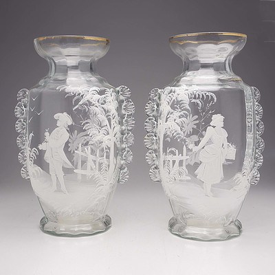 Pair of Victorian Mary Gregory Glass Vases with Rigaree Trailing