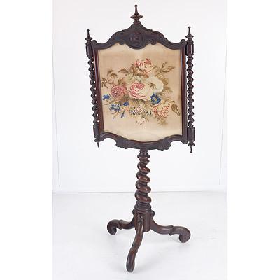 Victorian Mahogany Fire Pole with Tapestry Screen Circa 1880
