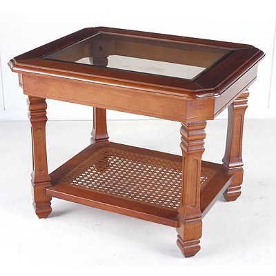 Companion American Cherrywood and Cane Coffee Table and Lamp Table with Bevelled Glass Tops, Probably Drexel