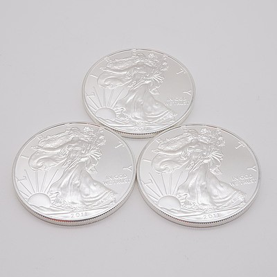 Three 2011 United States of America 1 oz Fine Silver $1 One Dollar Coins