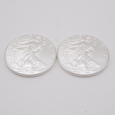 Two 2011 United States of America 1 oz Fine Silver $1 One Dollar Coins