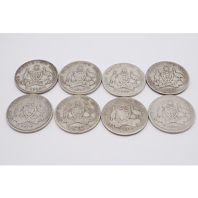 Eight Australian George V Florins, 1910, 1911, 1912, 1913, 1914 and 1915