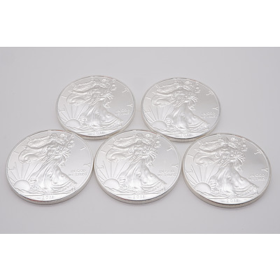 Five 2011 United States of America 1 oz Fine Silver $1 One Dollar Coins