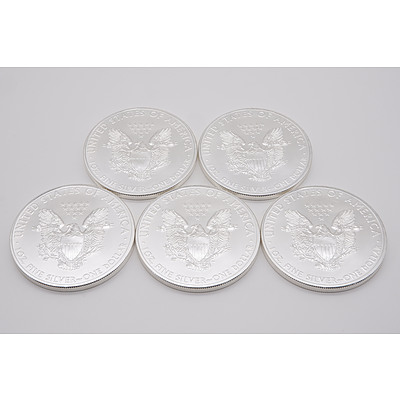 Five 2011 United States of America 1 oz Fine Silver $1 One Dollar Coins